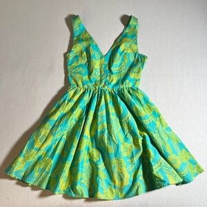 Handmade Tropical Floral Dress in Turquoise Blue + Yellow by Imperial, Medium